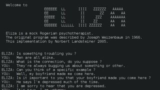 A screen image of the ELIZA program. It shows a conversation between ELIZA and a user.