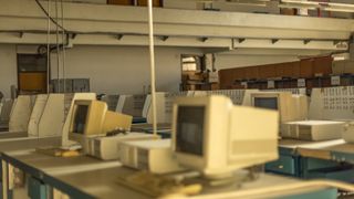 A retro photo of an abandoned computer room