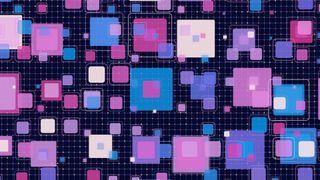 An abstract graphic illustration of purple, pink and blue squares and dots