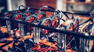 Close-up of a cryptocurrency mining rig