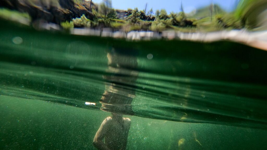 Underwater photo of a child swimming in a freshwater pond; only the child