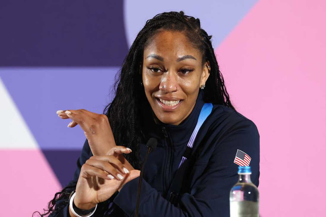 A'ja Wilson speaks during a U.S. women's basketball team press conference at the Paris 2024 Olympics main press center on Saturday.