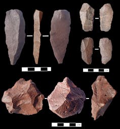 Photographs of stone tools from Narabeb accompanied by a black and white scale with graduations in cm (the tools measure from 2 to 10 cm).