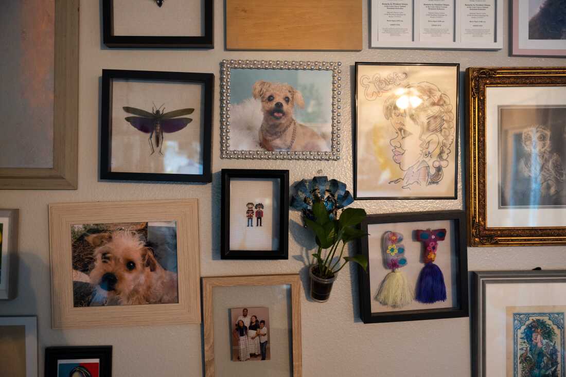 This photo shows an apartment wall covered with numerous framed photos and artwork, including photos of pet dogs Yaretzi and Mali.