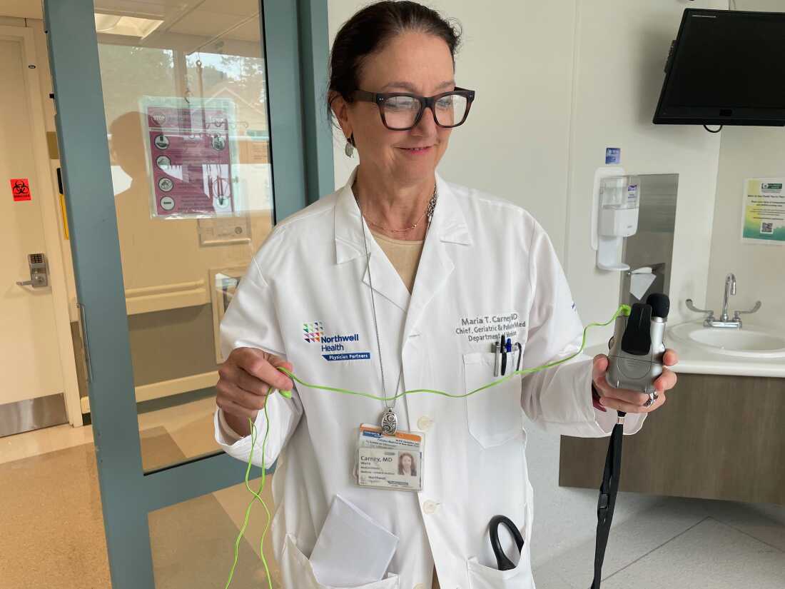 Dr. Maria Carney has a hearing aid that can be used to help seniors communicate in the emergency room. Patients often show up to the emergency room without their hearing aids or glasses, making them more confused in a stressful environment.