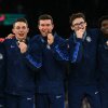 Members of the U.S. men's gymnastics team pose with their bronze medals after the men's team final on Monday. It was the first Olympic medal for the United States in the event since 2008.