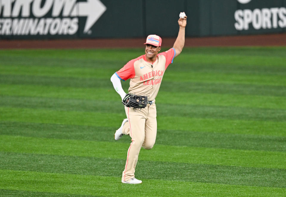 ARLINGTON, TEXAS - JULY 16: Juan Soto #22 of the New York Yankees reacts in the top of the second inning during the 94th MLB All-Star Game presented by Mastercard at Globe Life Field on July 16, 2024 in Arlington, Texas. (Photo by Gene Wang/Getty Images)