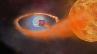 A glowing white and blue sphere surrounded by an orange smoke ring next to a much larger orange sphere