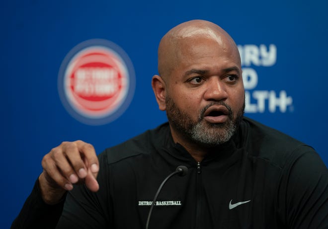 JB Bickerstaff was introduced as the new head coach of the Pistons by Detroit Pistons president of basketball operations Trajan Langdon on Wednesday, July 10, 2024 in the press box at the Henry Ford Detroit Pistons Performance Center in Detroit.