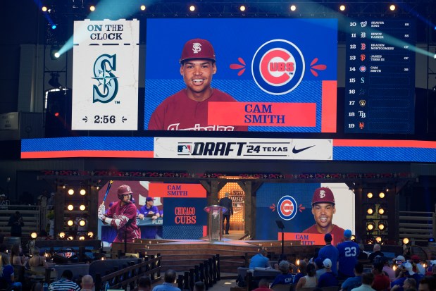 A photo of Cam Smith is displayed on the video screen after Smith was selected 14th overall by the Cubs in the first round of the MLB draft in Fort Worth, Texas, on July 14, 2024. (AP Photo/LM Otero)