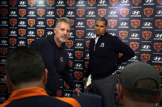 Bears coach Matt Eberflus and general manager Ryan Poles answer questions about the upcoming practice schedule at the PNC Center at Halas Hall on July 19, 2024. (Stacey Wescott/Chicago Tribune)