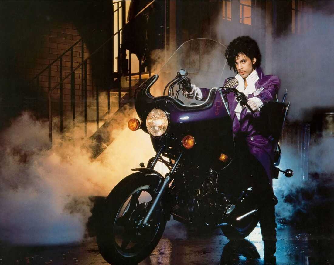 Prince on the custom motorcycle featured in Purple Rain.