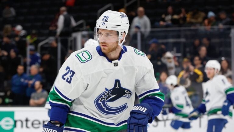 BOSTON, MASSACHUSETTS - FEBRUARY 8: Elias Lindholm #23 of the Vancouver Canucks warms up before a game against the Boston Bruins at TD Garden on February 8, 2024 in Boston, Massachusetts.