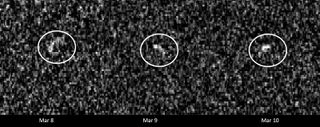 Three grainy images are black and white and each have a light part. These parts are circled because they indicate Apophis.