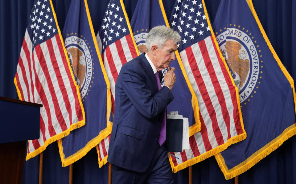 U.S. Federal Reserve Chairman Jerome Powell leaves the room after holding a news conference at the end of a two-day Federal Open Market Committee meeting on interest rate policy in Washington, U.S., May 1, 2024. REUTERS/Kevin Lamarque