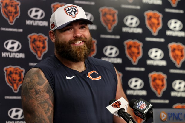 Bears center Ryan Bates speaks to the media after practice at the PNC Center at Halas Hall on July 26, 2024, in Lake Forest. (Stacey Wescott/Chicago Tribune)