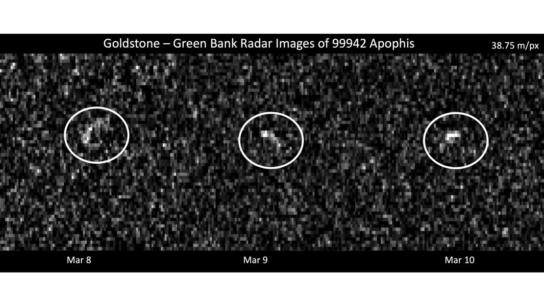 These images represent radar observations of asteroid 99942 Apophis on March 8, 9, and 10, 2021, as it made its final close approach before its 2029 encounter with Earth, which will see the object pass our planet by less than 202,000 miles (325,000 kilometers). The NASA Deep Space Network's Goldstone Deep Space Communications Complex near Barstow, California, and the Green Bank Telescope in West Virginia used radar to precisely track Apophis' motion, collecting data that rules out any possibility of an impact with Earth for at least a century. 