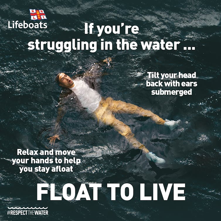 poster with white writing, Float to Live, and a clothed man on his back lying on the surface of the sea