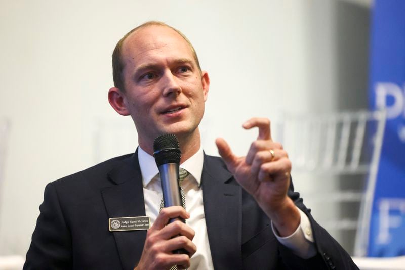 Nonpartisan Fulton County Superior Court Judge Scott McAfee speaks during the 2024 North Fulton Democratic and Nonpartisan Candidates Town Hall Meeting at Memories Event Space on Tuesday, April 30, 2024, in Johns Creek, Ga. (Jason Getz/AJC)
