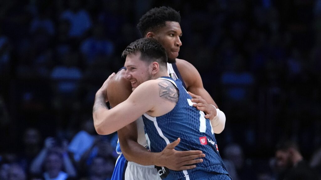 Giannis Antetokounmpo of Greece beat Luka Doncic of Slovenia to advance to the Olympic qualifying final