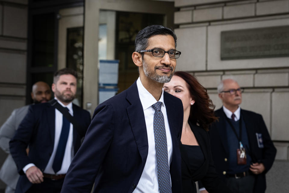 WASHINGTON, DC - OCTOBER 30: Google and Alphabet CEO Sundar Pichai will leave federal court on October 30, 2023 in Washington, DC. Pichai testified Monday to defend his company in the biggest antitrust case since the 1990s. The U.S. government is seeking to prove that Alphabet Inc., a subsidiary of Google, maintains an illegal monopoly in the online search industry. The trial is expected to last through November. (Photo by Drew Angerer/Getty Images)