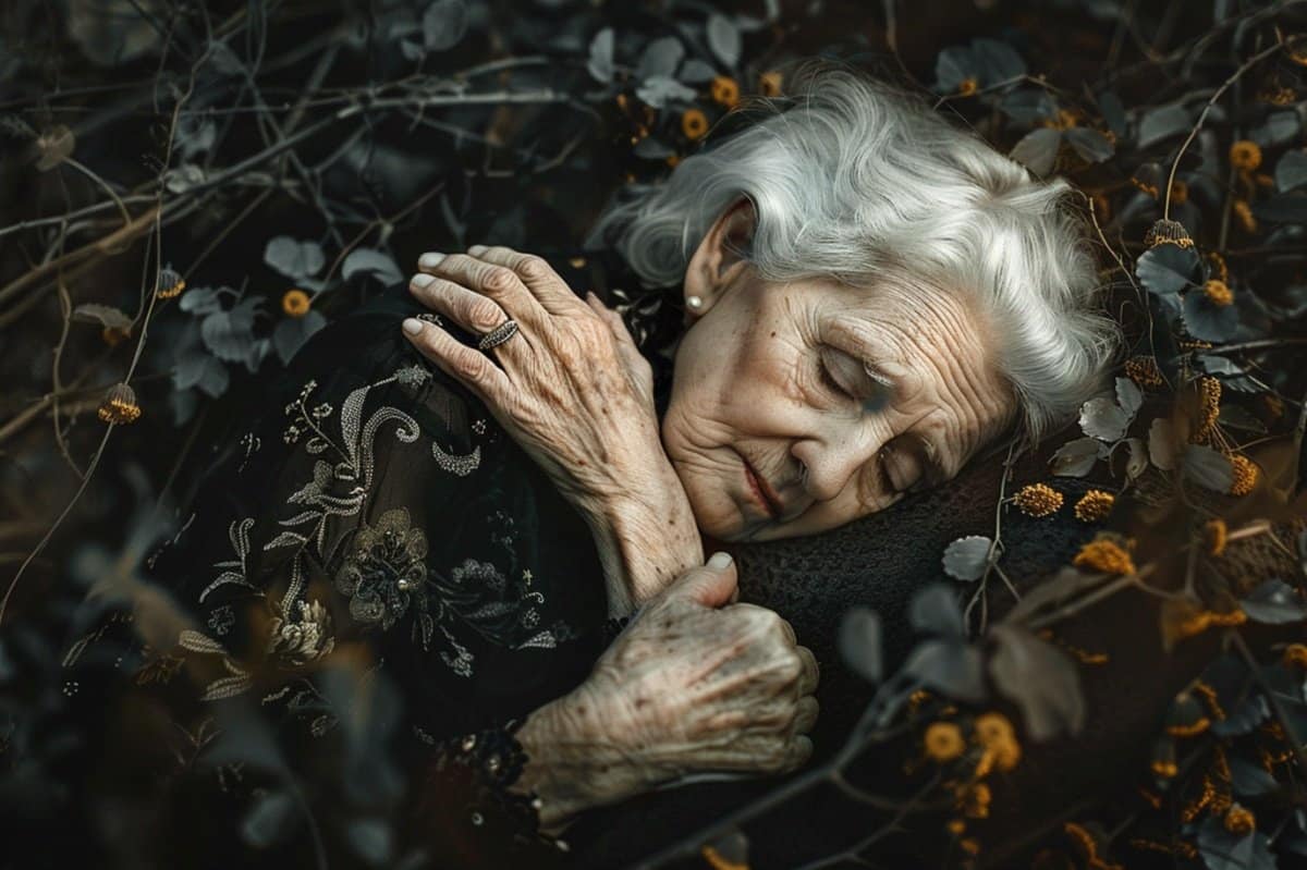 It shows a sad elderly woman.