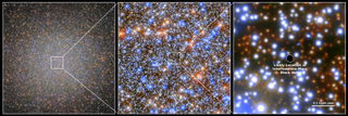 Increasingly magnified images of the star cluster Omega Centauri, the final image showing the proposed location of an intermediary black hole.