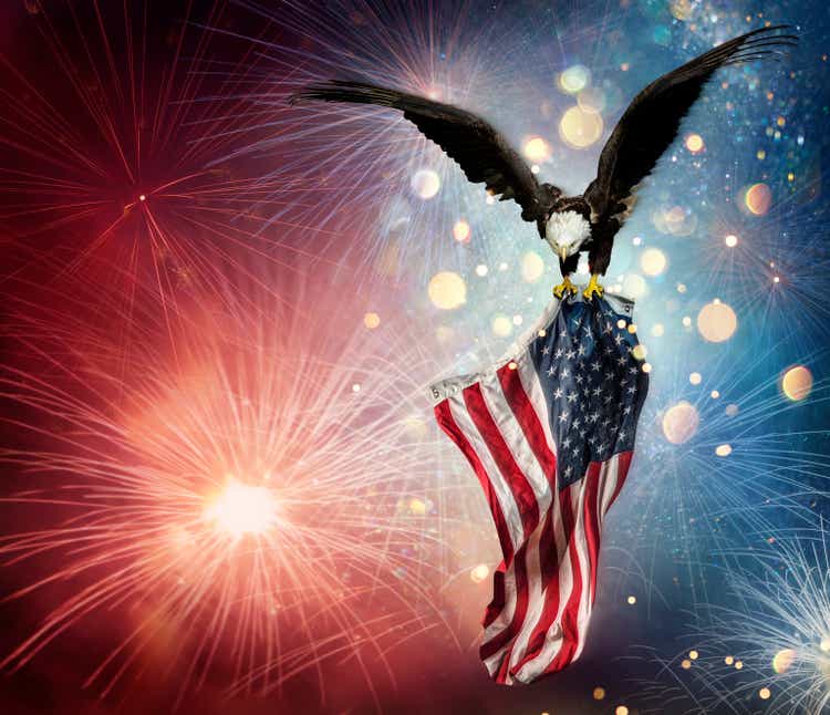 Bald Eagle with American Flag and Fireworks