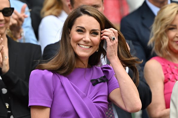 Princess Catherine of Wales reacts as she arrives in the Royal Box at Centre Court to watch the Men's Singles Final at Wimbledon on July 14, 2024.