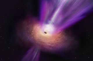 Artist's impression of a supermassive black hole, surrounded by a purple-orange disk of glowing dust and gas