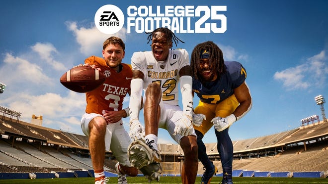 The standard edition of EA Sports College Football 25 featuring Texas quarterback Quinn Ewers, Michigan running back Donovan Edwards and Colorado defensive back/receiver Travis Hunter.