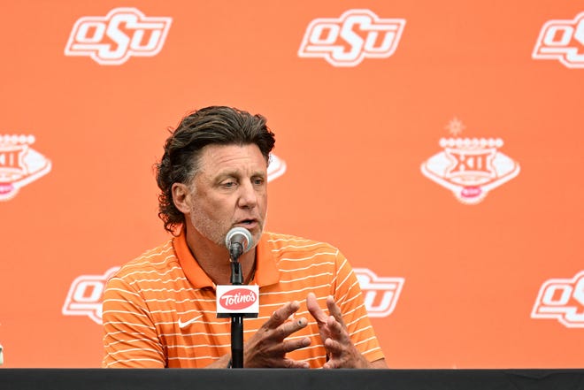 Oklahoma State head coach Mike Gundy speaks to the media during Big 12 Media Days at Allegiant Stadium.