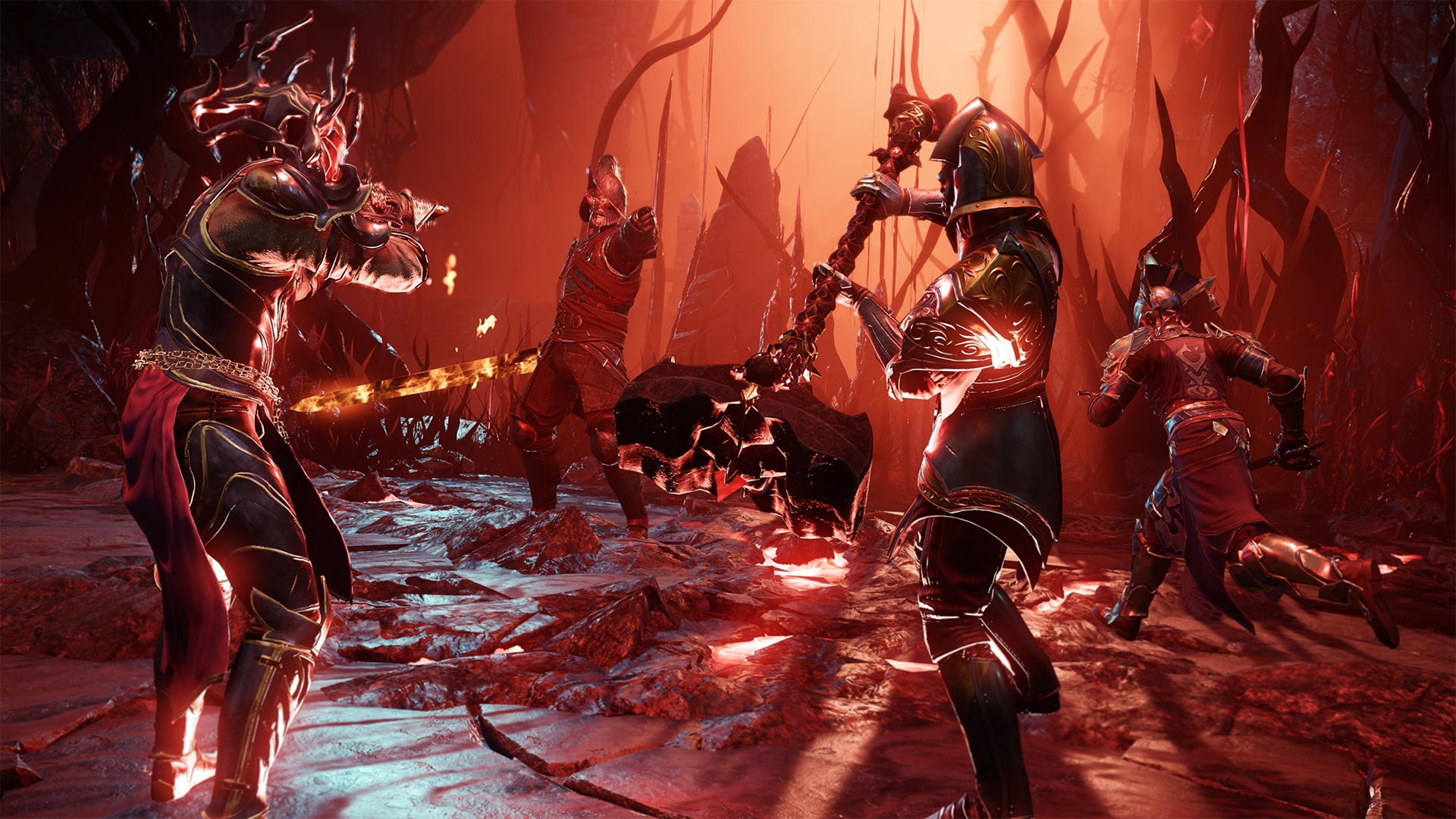 New World Aeternum turns an average MMO into a great RPG: three characters with huge weapons rush toward a heavily armored man who points at them in a dimly lit cavern