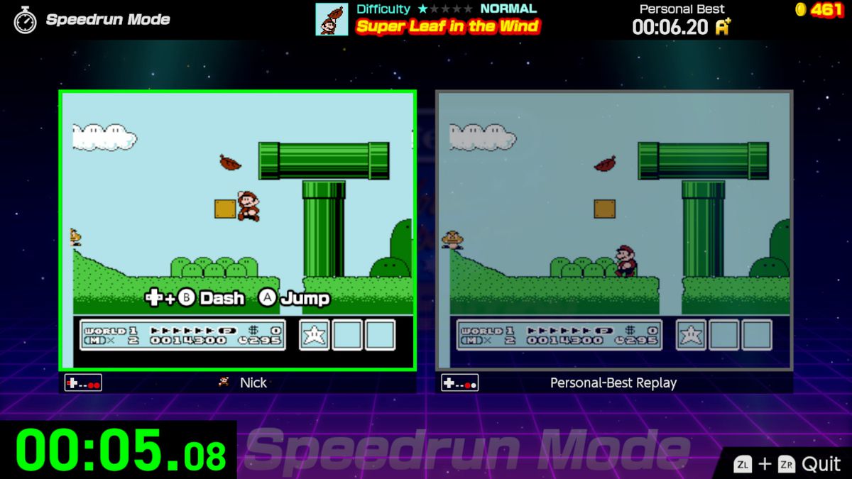 Screenshot of a Speedrun attempt with Super Mario Bros. 3, in which Mario tries to catch a leaf, from Nintendo World Championships: NES Edition