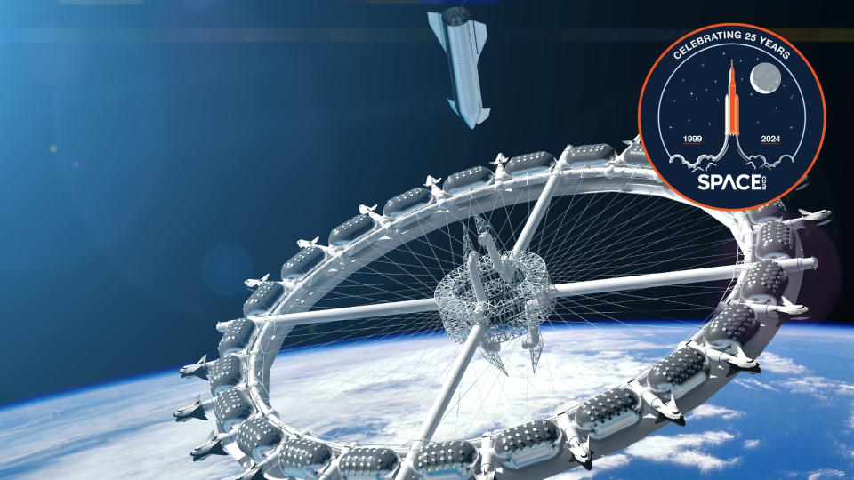     A wheel-shaped space station orbiting above Earth with a sleek silver rocket approaching it. 