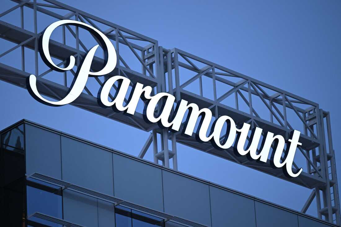 The Paramount logo is displayed at Columbia Square along Sunset Boulevard in Hollywood, California on March 9, 2023.