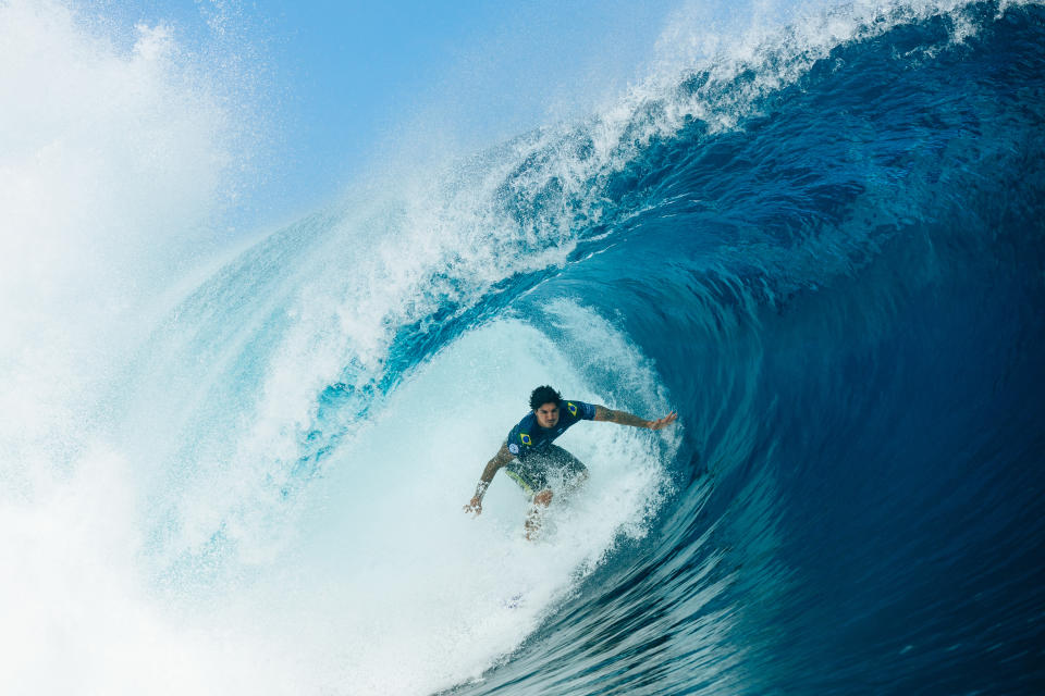 TEAHUPO'O, TAHITI, FRENCH POLYNESIA - MAY 30: Three-time WSL Champion Gabriel Medina of Brazil surfs in Round 7 of the Round of 16 at the SHISEIDO Tahiti Pro on May 30, 2024 in Teahupo'o, Tahiti, French Polynesia. (Photo by Matt Dunbar/World Surf League via Getty Images)