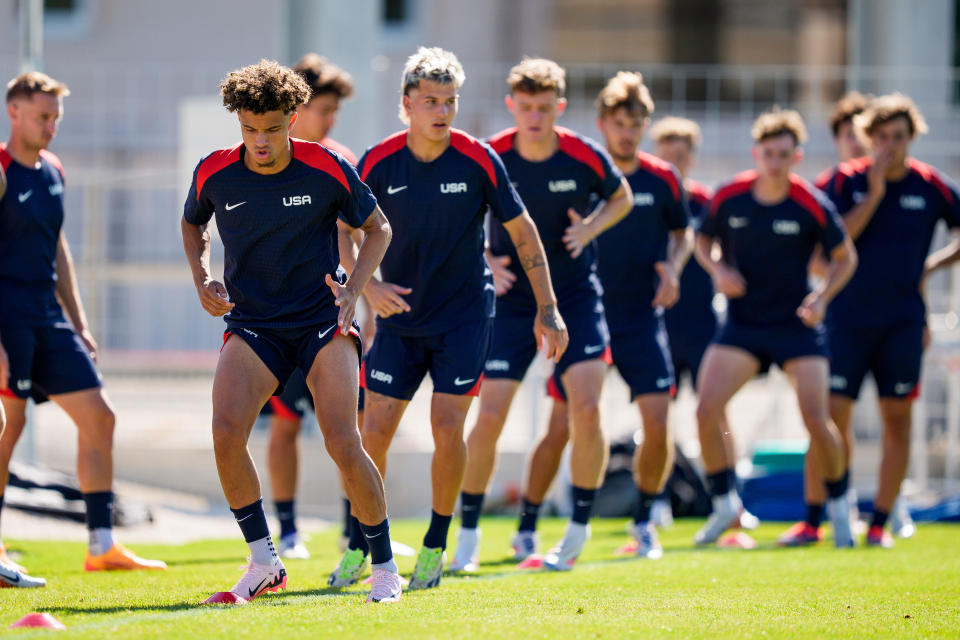 MARSEILLE, FRANCE - JULY 23: Kevin Paredes warms up during USMNT Under-23 training on July 23, 2024 in Marseille, France. (Photo by Andrea Vilchez/ISI/Getty Images)