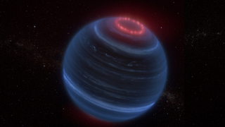 A blue and black ringed sphere with a red ring at its pole