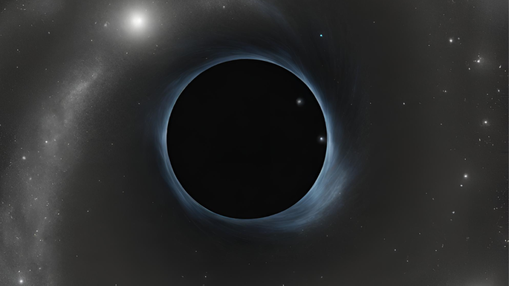 A black circle with a blue outline against a black background with white specks