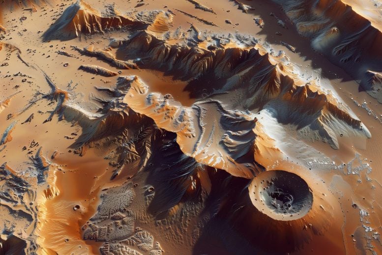 Artist's concept of the cold, icy surface of Mars