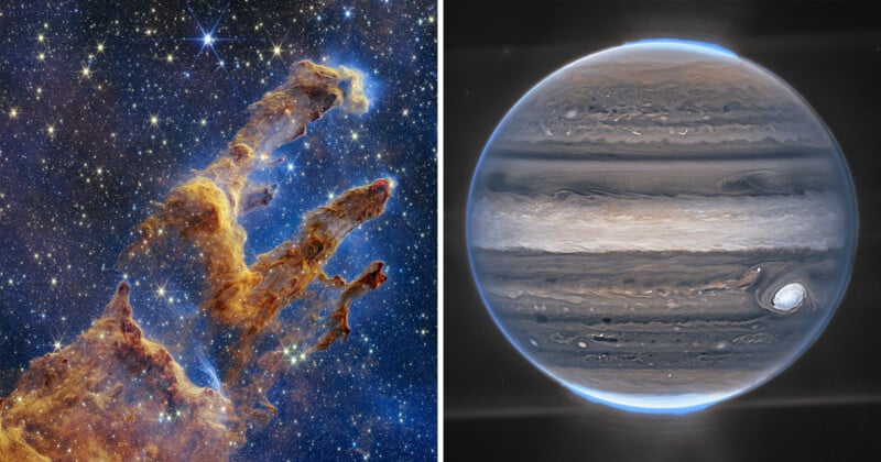 The image is split in two. The left side shows the Pillars of Creation, tall nebulous structures of gas and dust illuminated by a starry sky. The right side shows a detailed view of Jupiter with its characteristic bands and the Great Red Spot.