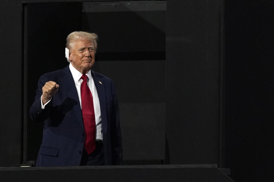 Former President Donald Trump, Republican presidential candidate, arrives at the 2024 Republican National Convention at Fiserv Forum, Thursday, July 18, 2024, in Milwaukee. (AP Photo/Carolyn Kaster)