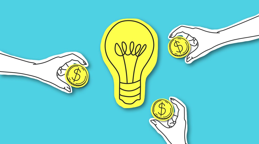 Illustration of a yellow light bulb surrounded by three hands, each holding a yellow coin with a dollar sign on it. The illustration is presented on a light blue rectangular background.