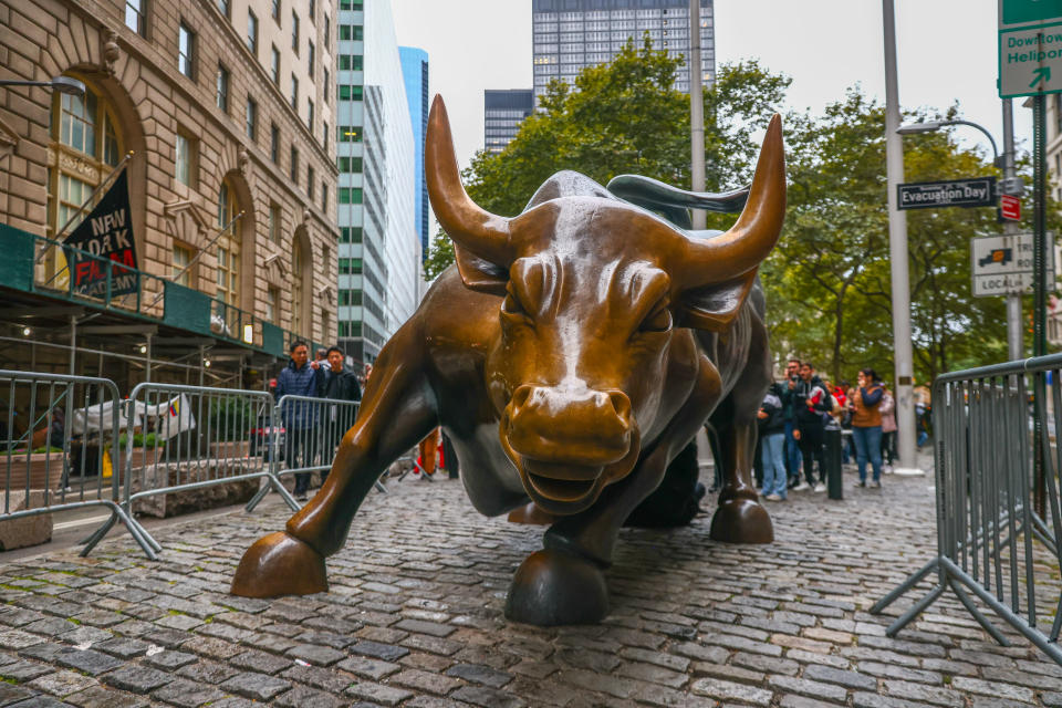 A bronze sculpture of a charging bull in the Financial District of Manhattan, New York, U.S., on October 23, 2022. The sculpture was created by Italian artist Arturo Di Modica in the aftermath of the Black Monday stock market crash of 1987. (Photo by Beata Zawrzel/NurPhoto via Getty Images)