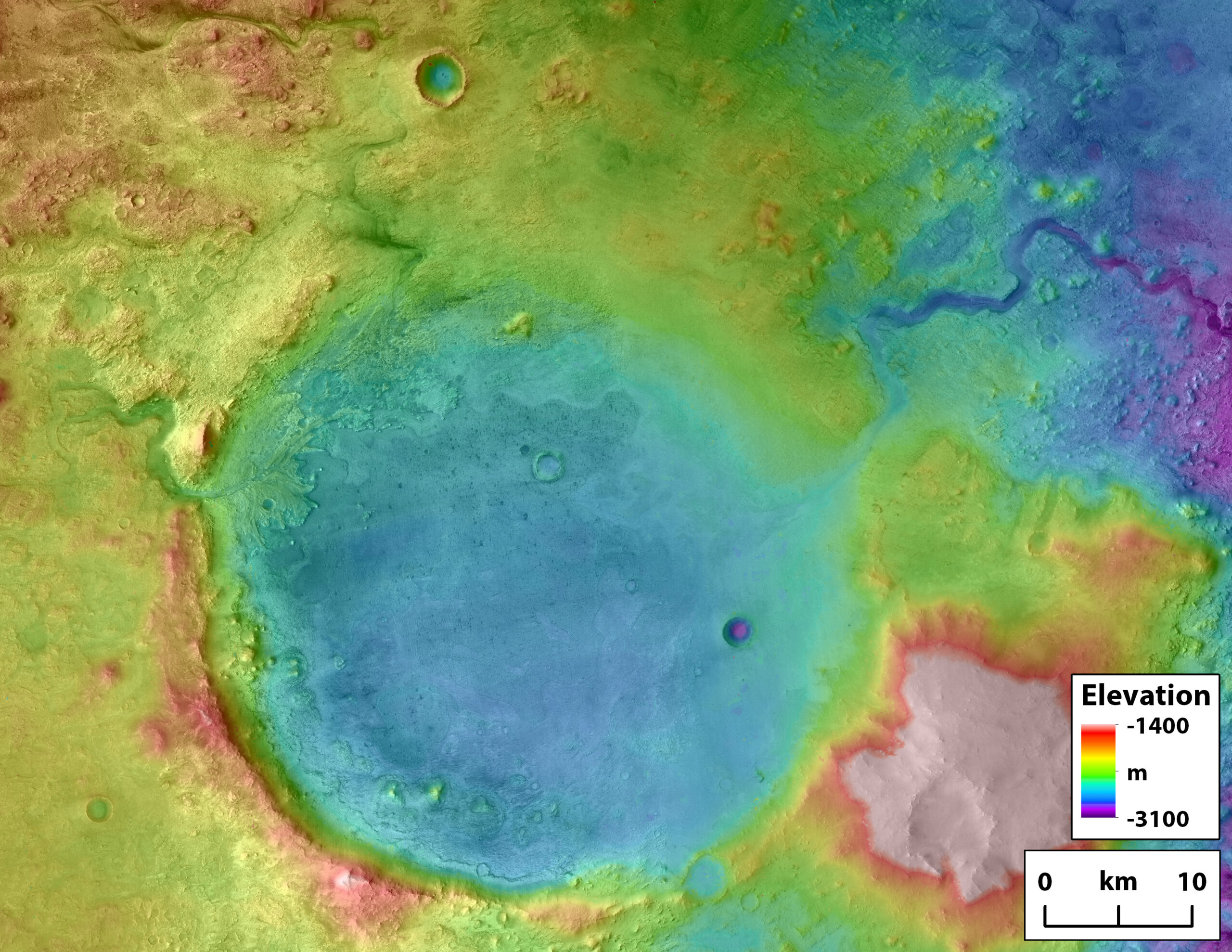 An elevation map showing a large crater and river beds flowing into it to the left and right.