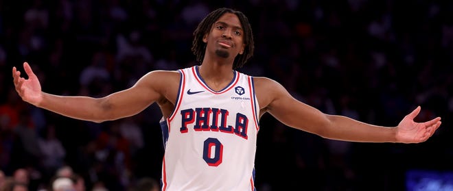 Tyrese Maxey reacts during the 76ers' overtime win over the Knicks in Game 5 of their Eastern Conference first-round playoff series.