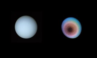 A light blue orb next to a blue, yellow and red striped orb with a black circle in its center. The background is black