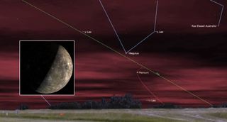 A white outline around a black image of a half-shaded Mercury, riddled with white craters. The box sits in the middle left of a landscape showing a hazy red sky above a low, grassy horizon. A thin green line splits in two at the top left, intersecting the loop of a red line running up and down on the right. Blue lines at the top connect the stars to show the constellations.