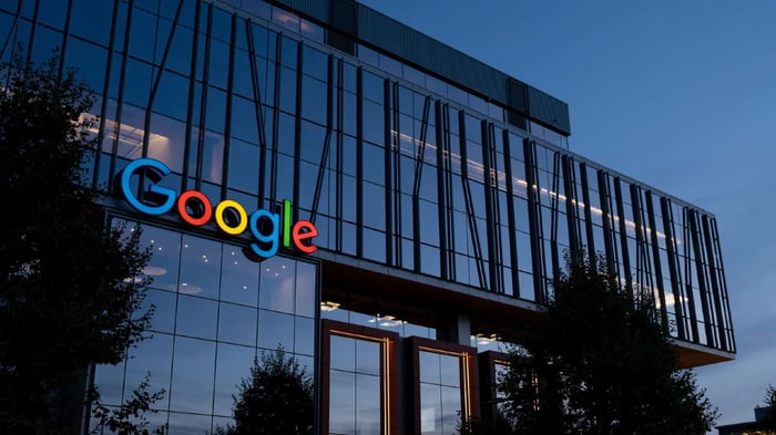 Exterior of Google headquarters at dusk.